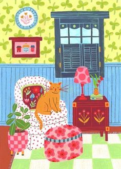 a painting of a cat sitting on a chair in a room with green and pink walls