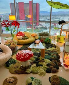 a living room filled with lots of furniture and decor on top of a floor covered in moss