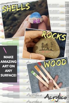 there are pictures of rocks and crayons in this page with the words shells rocks wood