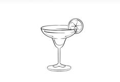 a line drawing of a cocktail glass with a lemon slice on the rim and garnish