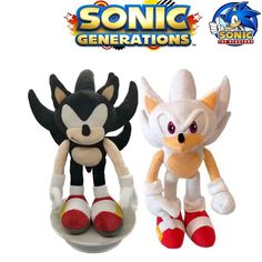 two stuffed animals that are sitting next to each other on a white background with the words sonic generationss