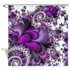 a purple and white shower curtain with an abstract design