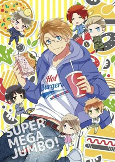 an anime character holding a soda in front of some food and other characters behind him