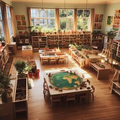 a room filled with lots of wooden tables and chairs next to bookshelves full of plants