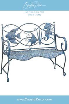 a metal bench with fish on it and the caption reads coastal decor inspiration for your home