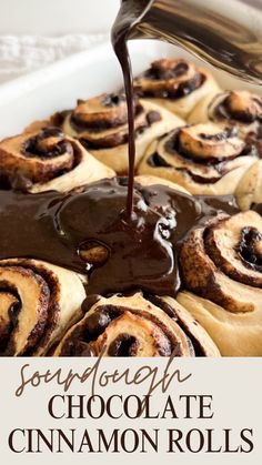 chocolate cinnamon rolls being drizzled with melted chocolate on top and the words southern chocolate cinnamon rolls above it