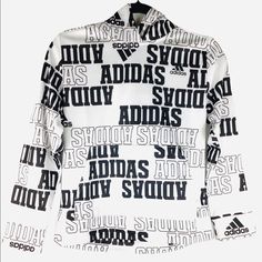 New With Tag Size M (10-12) Boy Attached Hood Long Sleeves All-Over Adidas Branding 100% Polyester Machine Wash Cold, Tumble Dry Low White Stretch Hoodie For Winter, White Hip Hop Sweatshirt For Spring, White Hip Hop Style Sweatshirt For Spring, White Letter Print Hoodie For Spring, Adidas White Hoodie For Athleisure, Adidas White Hoodie In Athleisure Style, Hip Hop Tops With Logo Print For Winter, Hip Hop Winter Tops With Logo Print, White Hip Hop Tops For Winter