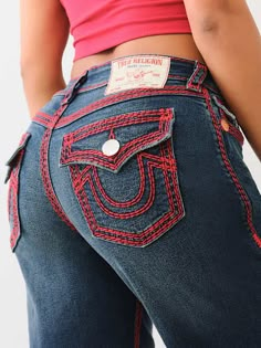 The only kind of baggage we want in our lives is from the Bobby Super QT Baggy Jean. Crafted in a medium wash, these jeans feature a flattering low-rise waist, whiskering, and two-tone hardware. Finished with bold red Super QT stitching and horseshoe detailed back flap pockets. Women's Bobbi Super Qt Baggy Jean. Y2k Bedazzled Jeans, Red Star Jeans, Red True Religion Jeans, Matching Sets Sweats, Bnha Hero Costumes, Back To School Haul, Thrift Board, Christmas Eve Outfit, Street Style Outfits Casual