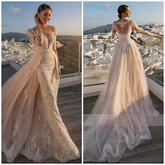 two pictures of a woman in a wedding dress on top of a building with her arms out