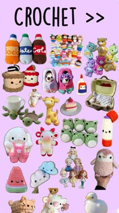 there are many crochet items on the pink background, including teddy bears and other stuffed animals