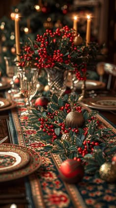 a christmas table setting with candles and ornaments