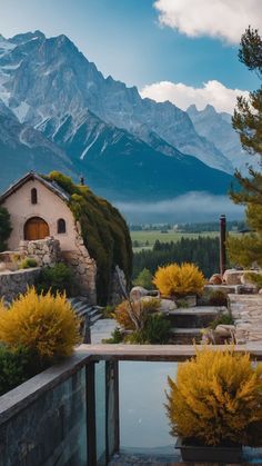 an outdoor swimming pool surrounded by trees and mountains with yellow flowers in the foreground