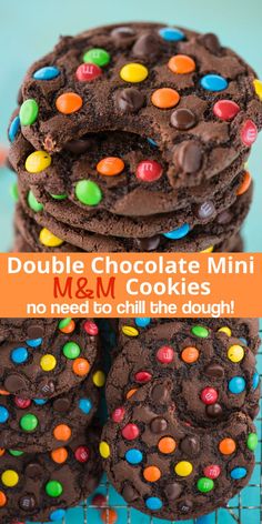 double chocolate mini m & m cookies stacked on top of each other with the title overlay