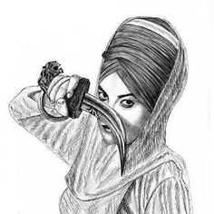 a pencil drawing of a woman holding a knife in her hand and looking into the distance