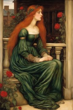 a painting of a woman with long red hair sitting on a porch next to roses