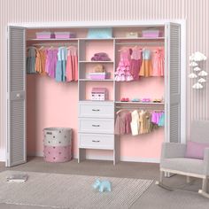 a child's bedroom with pink walls and white furniture, including an open closet