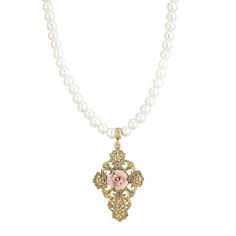 Be spiritual with this decorative filigree cross pendant, featuring a pink porcelain rose accent. Be spiritual with this decorative filigree cross pendant, featuring a pink porcelain rose accent. Pendant length: 2.1 in. Chain length: 15 in. with 3-in. extender Clasp: lobster-claw Metal: alloy Plating: gold tone Finish: polished Not appropriate for children 14 years old and younger. Size: One Size. Color: White. Gender: female. Age Group: adult. Material: Gold Plate. Be Spiritual, Symbols Of Faith, Ornate Cross, Pink Porcelain, Pearl Strands Necklace, 1928 Jewelry, Pearl Chain Necklace, Pearl Strand, Pink Swarovski