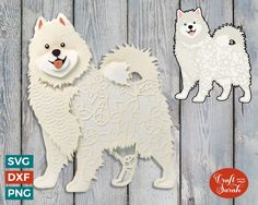 two white dogs cut out from paper on a wooden background with the words svg dxf file