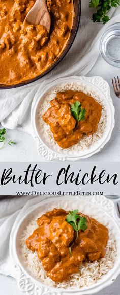 two plates filled with butter chicken and rice on top of a white table cloth next to a