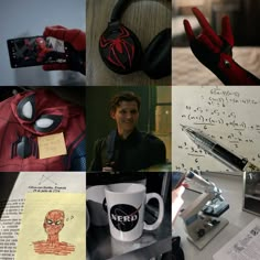 a collage of photos with spider - man and other things on them, including pen, paper, ink, scissors, headphones, etc