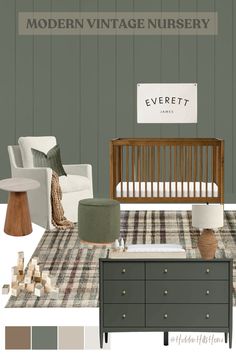 a nursery room with furniture and decor in shades of gray, green, white and brown