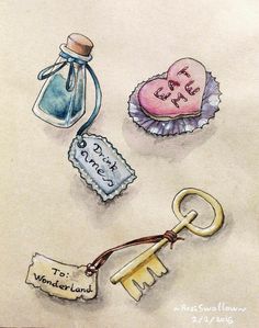 a drawing of two keys, a bottle and a keychain with words on them