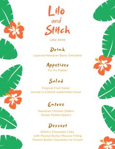 a menu with tropical leaves and flowers on it