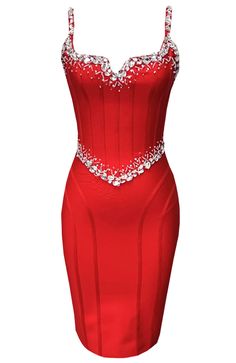 a red dress with beading on the bust