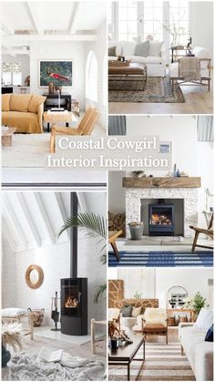 four different pictures of a living room with furniture and fireplaces in each one photo