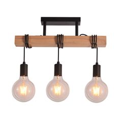 three light bulbs hanging from a wooden beam