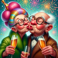 two older people are kissing while holding champagne glasses with fireworks in the sky behind them