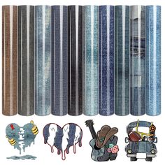 several different types of denim fabric with various designs and colors, including one featuring an animal