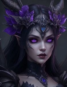 a woman with purple eyes and horns on her head