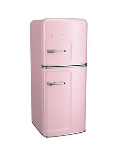 a pink refrigerator freezer sitting on top of a white floor next to a wall