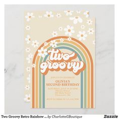 two groovy birthday party card with an arch and flowers on the front, in white