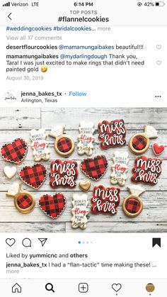 the cookies are decorated with red and black plaid fabric, which says i love you