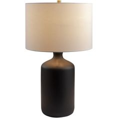 a black table lamp with a white shade