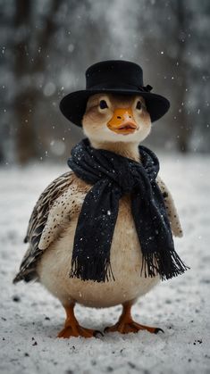 a duck wearing a hat and scarf in the snow with a black scarf around its neck