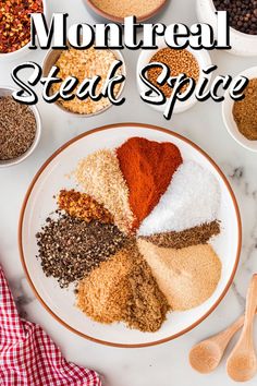 a plate filled with spices on top of a table next to bowls and spoons