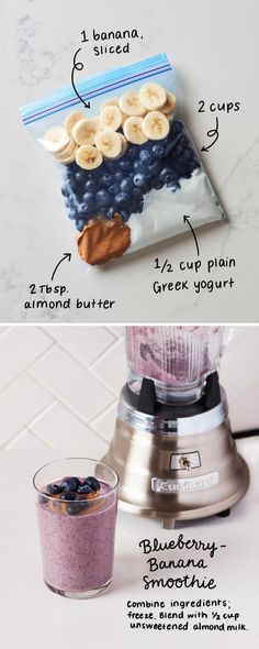 the ingredients to make blueberry smoothie in a blender, including bananas and almonds