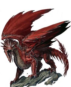 the red dragon is standing on top of a rock and has its wings spread out