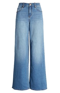 Whiskering and sanding add edginess to these stretch-kissed jeans featuring a wide leg and faded indigo wash. 33" inseam; 25" leg opening; 10 1/2" front rise; 15 1/2" back rise 56% cotton, 22% REPREVE® recycled polyester, 21% rayon, 1% spandex REPREVE recycled polyester is made from 100% post-consumer recycled plastic bottles Machine wash, tumble dry Imported Cheap Women's Bottoms With Adjustable Waist, Wide Leg Washed Denim Flare Jeans, Wide Leg Flare Jeans In Medium Wash, Wide Leg Washed Cotton Jeans, Wide-leg Washed Denim Bottoms, Medium Wash Wide-leg Denim Flare Jeans, Light Wash Wide-leg Cropped Jeans, Medium Wash Cotton Wide-leg Jeans, Light Wash Wide-leg Cropped Denim Jeans