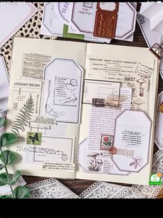 an open book sitting on top of a table covered in papers and doily next to a potted plant