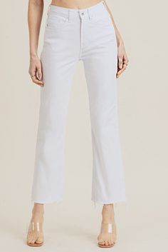 These trendy white jeans have become my All Time Favorite to wear this season! Every girl loves straight leg denim that fits perfectly in all the right places! HIGH RISE RAW HEM STRAIGHT LEG JEANS - Rise 13.5" | Inseam 29"  Fabric: 98% Cotton, 2% Spandex Color: White Ashley wears a 7 Raw Hem Straight Leg Jeans, Straight Leg Denim, High Jeans, Cropped Jeans, Denim Wash, Quality Clothing, Wide Leg Jeans, High Waist Jeans, Straight Jeans