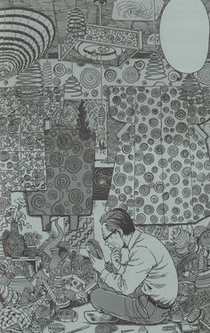 an image of a man sitting on the ground in front of many different objects and trees