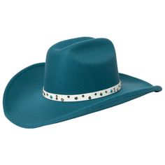 Cattleman's Crease Cowboy with Studded Faux Leather Band-COWBOY-San Diego Hat Company San Diego Hat, Teal Color, Felt Hat, Earmuffs, Cowboy Hat, Teal Colors, Western Style, Playing Dress Up, Leather Band