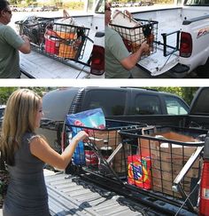 two pictures of people loading food into the back of a truck