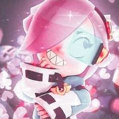 a cartoon character with pink hair and blue eyes holding a white object in his hands