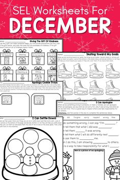 christmas worksheets for december with pictures and text on the front, in red background