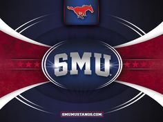 the smu logo is shown on a red and blue background